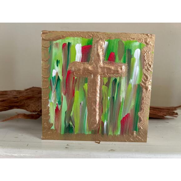 Gold Cross Wood Hand Painted Wall Art 5x5 Block Raised Cross Christmas Style - Picture 5 of 9